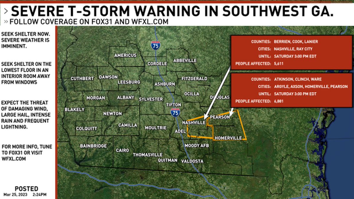 A new SEVERE THUNDERSTORM WARNING has been issued for southwest Georgia. Follow FOX31 News on-air and online for updates. #gawx #swga #gawxcond