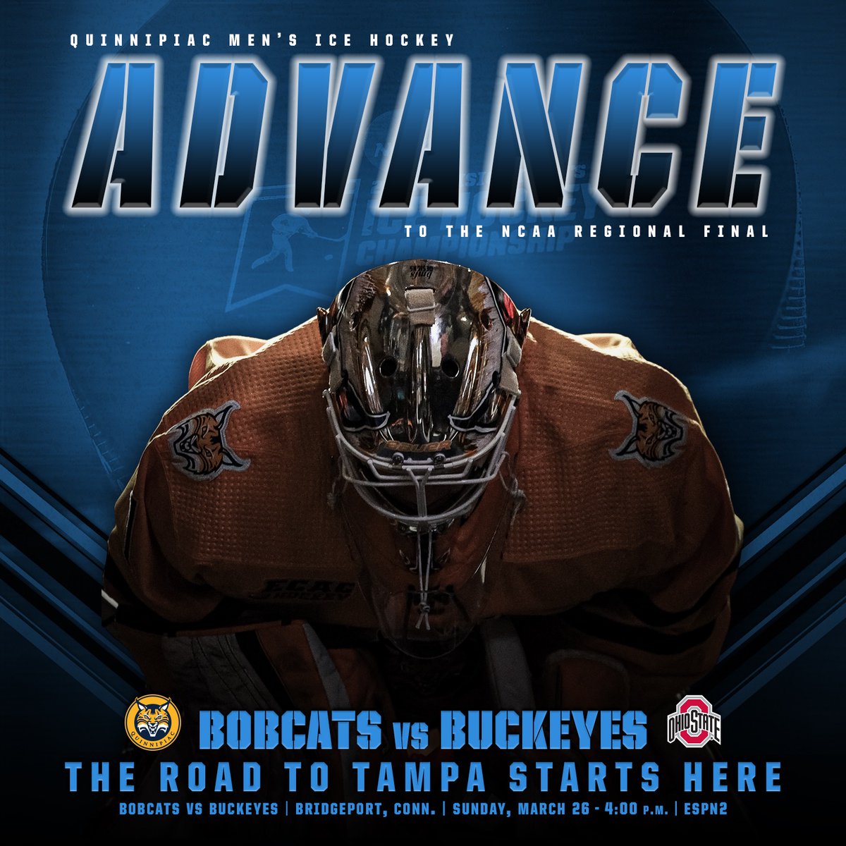 .<a href="/QU_MIH/">Quinnipiac Men's Ice Hockey</a> is playing for a spot in the Frozen Four this Sunday in Bridgeport, CT! Puck drop at 4 pm on ESPN2 or learn how you can join #BobcatNation to cheer in person at the Total Mortgage Arena at gobobcats.com