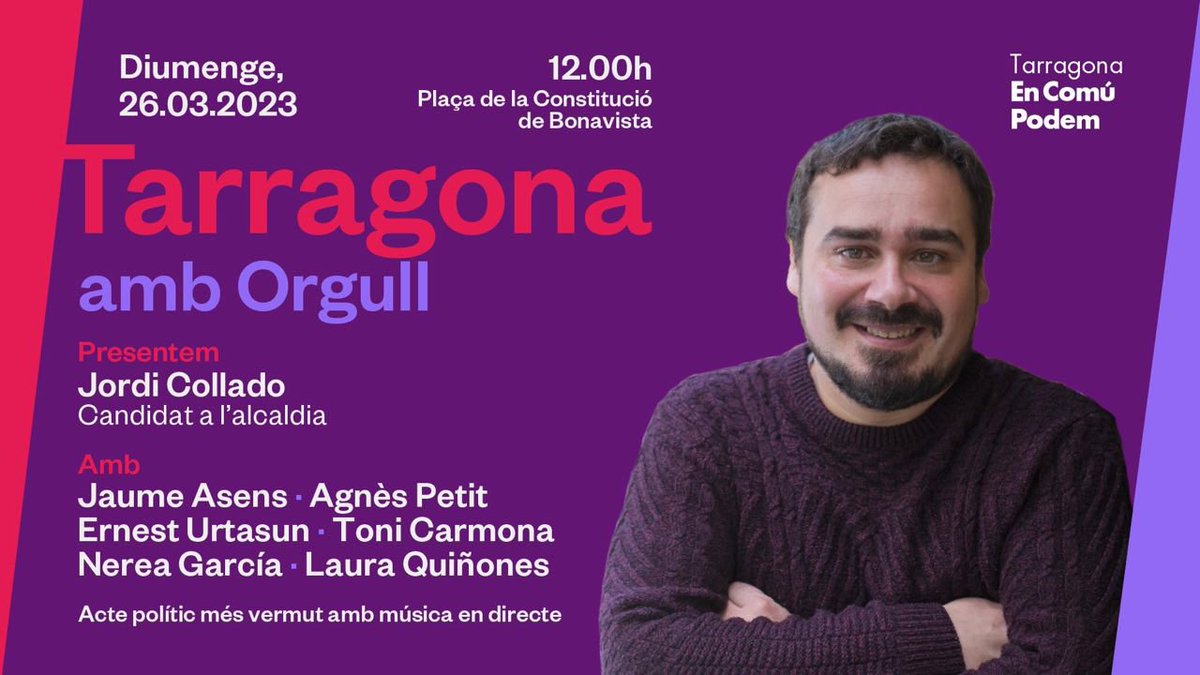 Molt content de ser demà a #Tarragona per acompanyar al gran <a href="/jordi_collado/">Jordi Collado 🔻</a> i als companys i companyes de <a href="/EnComuPodemTGN/">En Comú Podem Tarragona</a> en la presentació de la seva candidatura a les pròximes eleccions municipals. 

📍Pl Constitució Bonavista
⏰12h