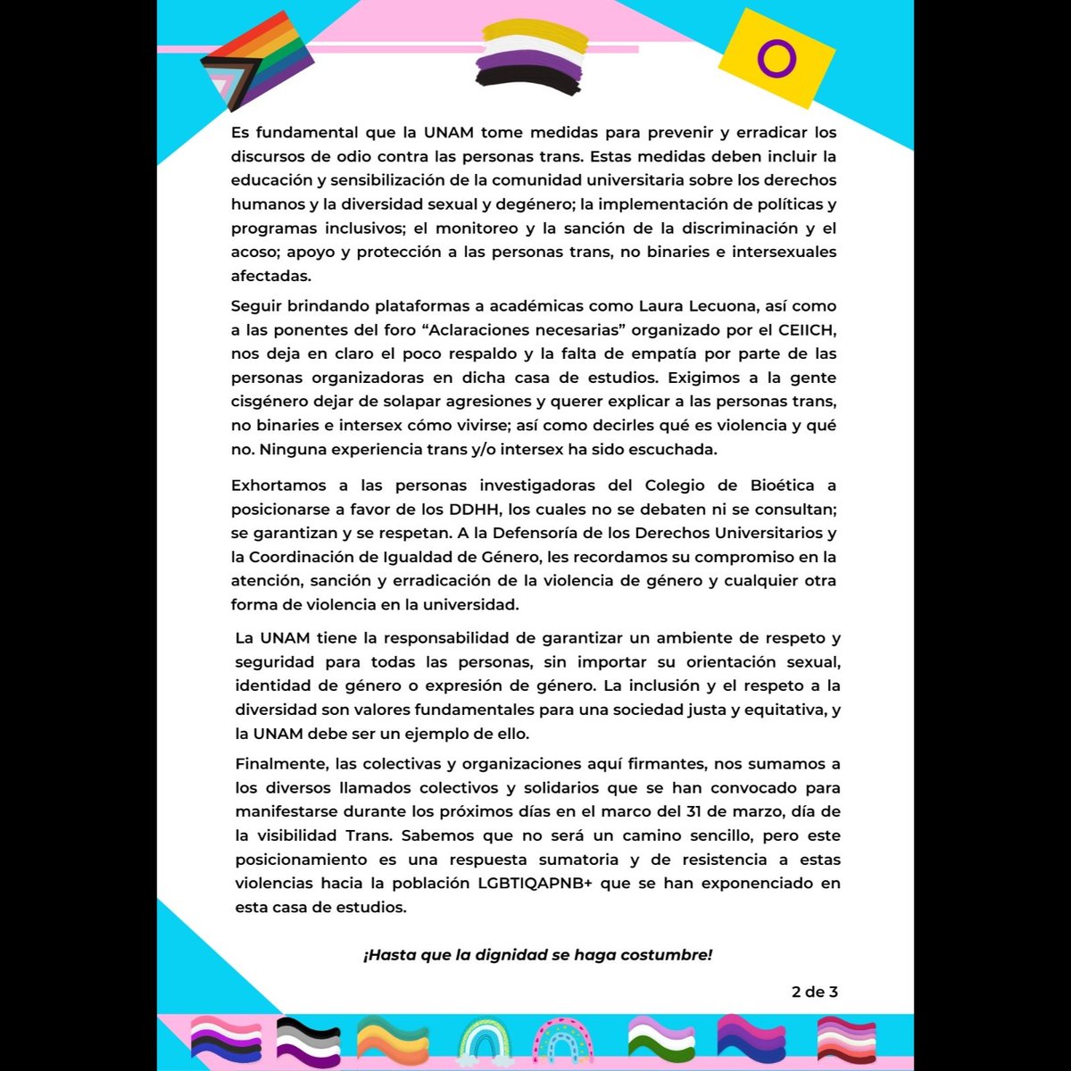 UNAMUDiversidad's tweet photo. Posicionamiento por parte de colectivas, organizaciones y personas de la diversidad sexual y disidencias ante los discursos transodiantes en el Simposio Internacional de Bioética en la UNAM.
Link para leer el documento oficial: https://t.co/QkYCSLd8Hx
#UNAM #UNAMSinTransfobia https://t.co/uBdL2fGh7W