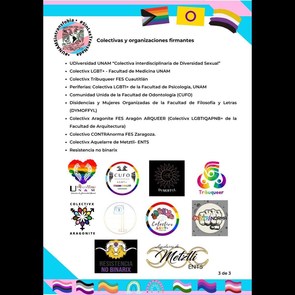 UNAMUDiversidad's tweet photo. Posicionamiento por parte de colectivas, organizaciones y personas de la diversidad sexual y disidencias ante los discursos transodiantes en el Simposio Internacional de Bioética en la UNAM.
Link para leer el documento oficial: https://t.co/QkYCSLd8Hx
#UNAM #UNAMSinTransfobia https://t.co/uBdL2fGh7W