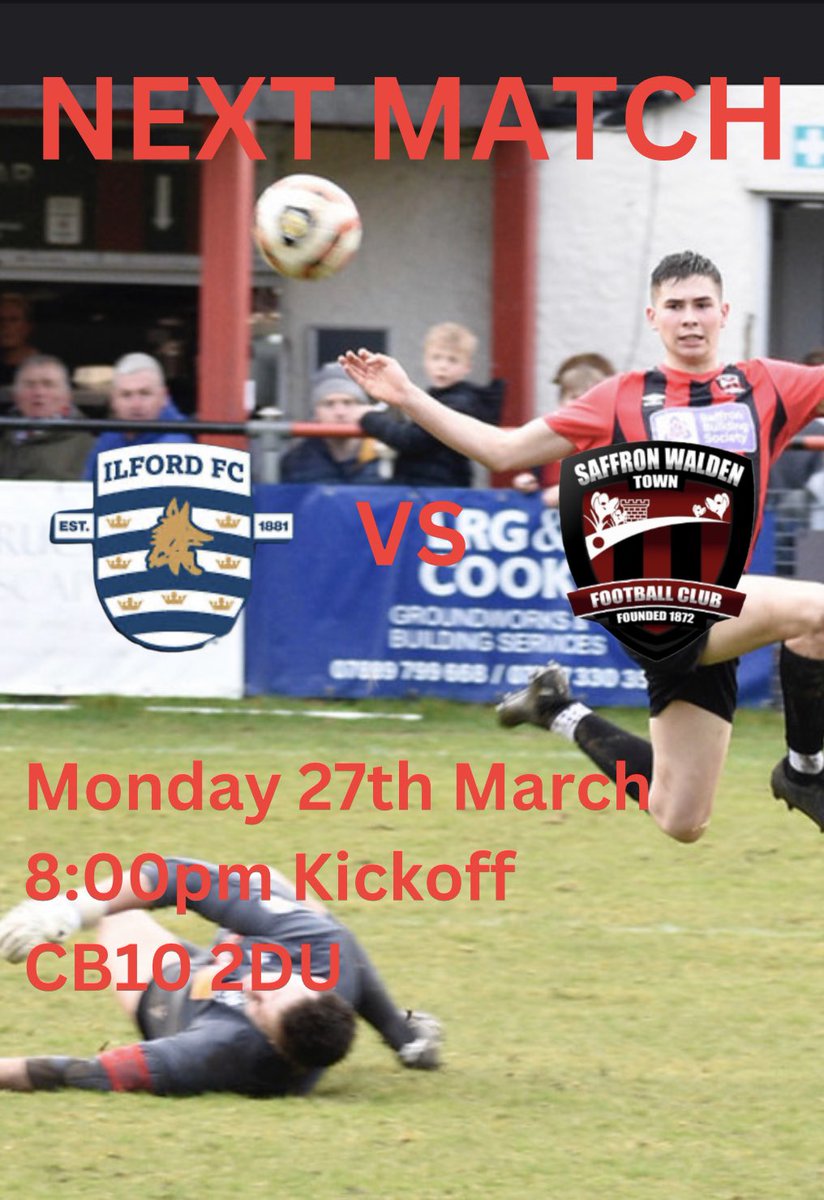 SWTFootballClub's tweet photo. 🚨OUR AWAY GAME WILL BE AT CATONS LANE WITH US BEING THE AWAY TEAM🚨

#SWTFC NEXT FIXTURE 🔜
🏆 Essex Senior League
🆚 IIford fc
⏰ 8:00
📍 CB10 2DU
#upthebloods ♥️

£5 for Walden season ticket holders
£7 adult
£5 concession
U16 free
Programs will be available

📸 Dominic Davey https://t.co/vX26sR8LTo