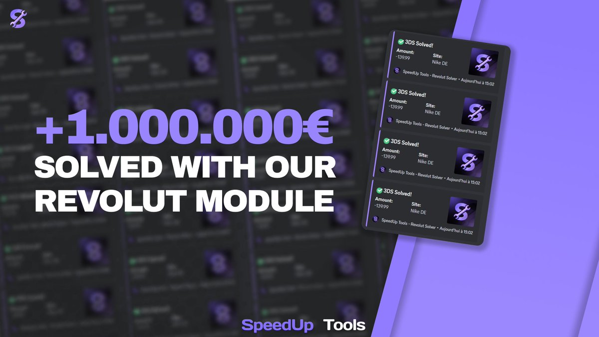 SpeedUp_Corp's tweet photo. 🟣 Our Revolut Module is the Ultimate tool for sneaker resellers. With €1 million in transactions solved, it's clear that our users are seeing real results.

The only thing missing is you!

Like❤️and Retweet♻️for a Key https://t.co/BcE77qYG6d