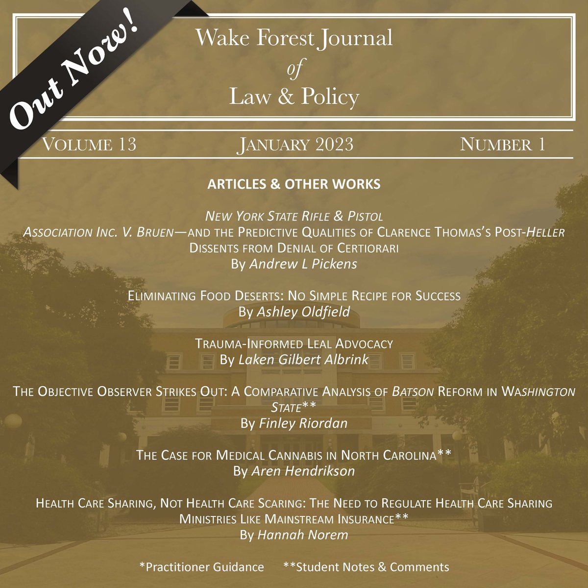 Volume 13:1 is out now and available on our website! Congratulations on publication to all of our writers. Follow this link to read these new pieces: wfulawpolicyjournal.com/issues/current….