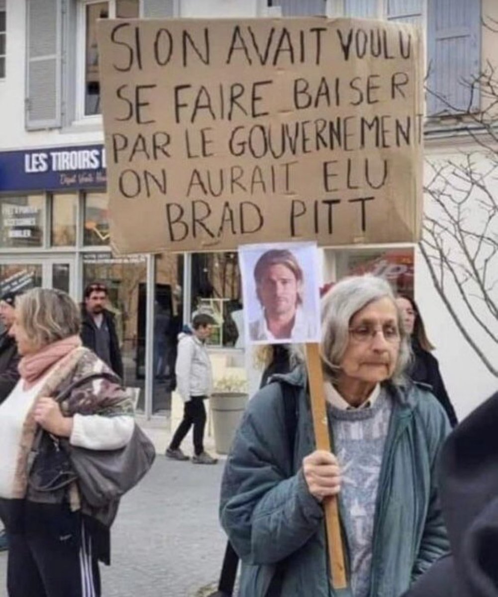 Me mandaram no zap. Numa tradução livre, o cartaz da francesa na manifestação contra a reforma da Previdência diz: 'Se fosse pra me fuder eu teria escolhido o Brad Pitt'.