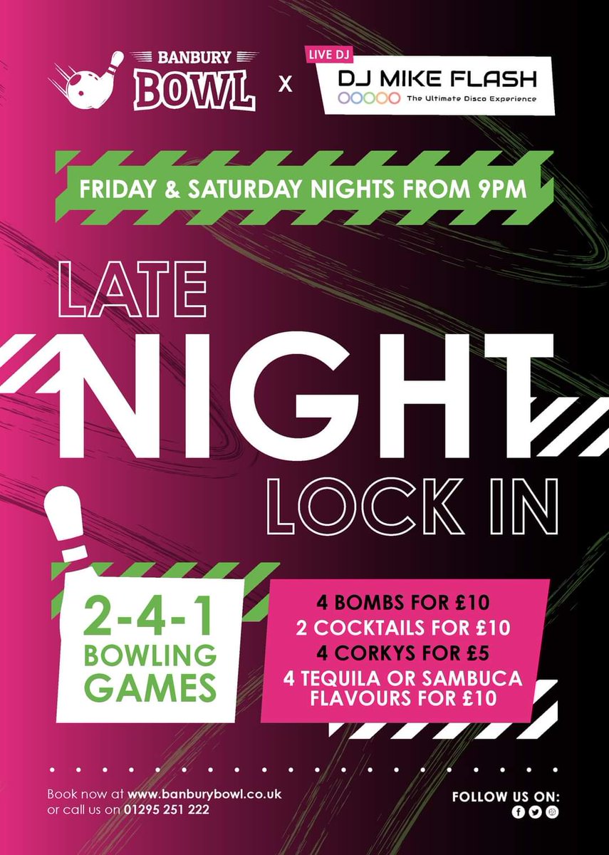 DjMikeFlash's tweet photo. We are ready @BowlBanbury for DiscoBowl from 7pm! Get your lane booked now! 

Bowling / Cocktails / Live DJ and so much more ... https://t.co/tTv3Flv8kS