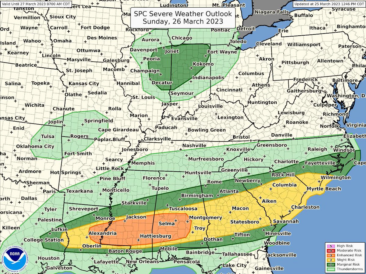 NWSSPC's tweet photo. There is an Enhanced Risk of severe storms Sunday (3/26) across portions of eastern LA, South Central MS, and Southern Central AL. Large hail will be the main threat but damaging winds and a few tornadoes are also possible. #alwx #mswx #lawx https://t.co/vXALoM5RN4