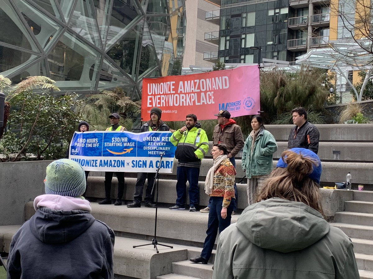 jordan_idiot's tweet photo. Inspiring to see Amazon union organizers from Kentucky come out to speak and rally the Seattle community coming out in solidarity with them and workers across the country. #UnionizeAmazonKCVG #WorkersStrikeBack https://t.co/eWTC6OCAVH