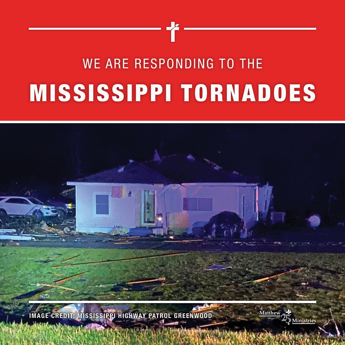M25M_org's tweet photo. We are responding to the devastating tornadoes that tore through Mississippi last night, 3/24. Our Disaster Response Team will be deploying to provide relief supplies and services to those affected. Visit https://t.co/b5cWtbNkzO for more info and updates on our response. https://t.co/AV0Me73owf
