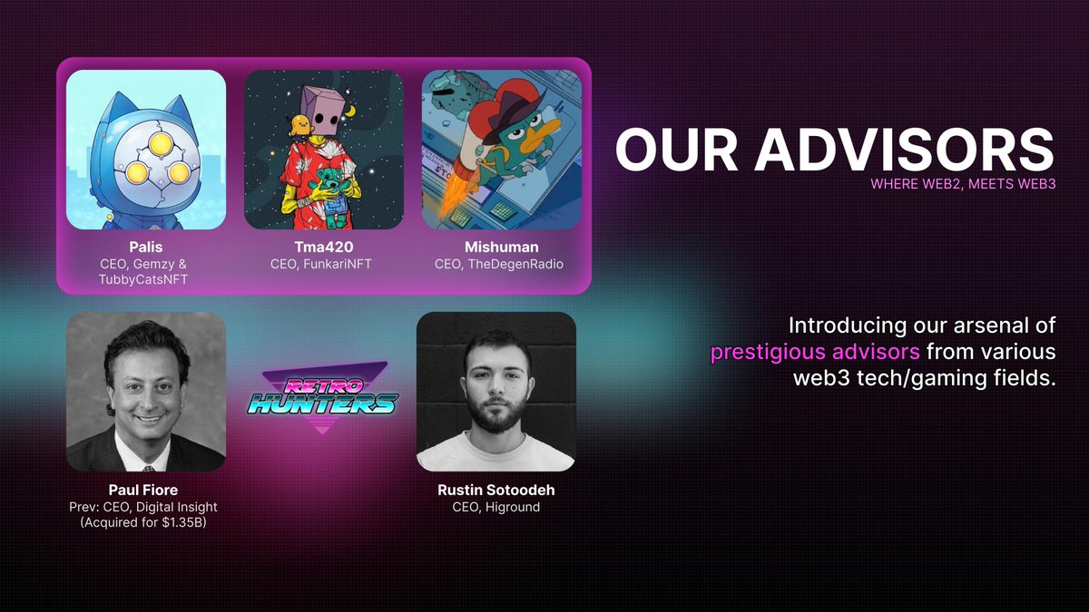 RetroHunters's tweet image. ADVISOR ADDITIONS///

Strategy is one of the most important aspects of web3...

So we&apos;ve brought together an unstoppable team of entrepreneurs, creatives, and web3 leaders into the Retro Hunters ecosystem!