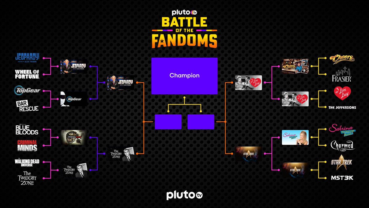 FOUR. FANDOMS. REMAIN. 📣 Which one are you rooting for? Tell me your picks in the polls threaded below!👇 ROUND 3 OF BATTLE OF THE FANDOMS COMMENCES NOW! 🚀 #PlutoTVFandoms