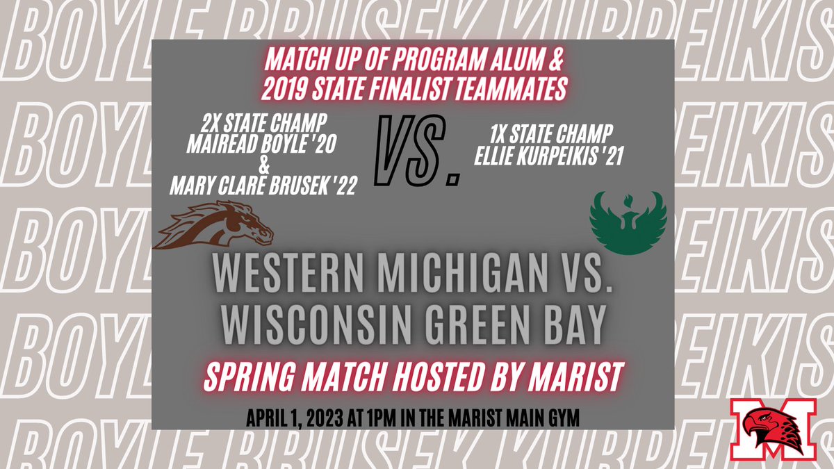 We're excited to host Western Michigan University &amp; Wisconsin Green Bay for a special spring match in the Main Gym! Mairead Boyle '20 &amp; Mary Clare Brusek '22 will be taking on Ellie Kurpeikis '21! All 3 were members of the 2019 state finalist volleyball team! Admission is FREE.