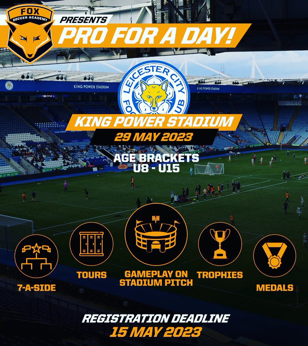 Our PRO FOR A DAY tournament at the King Power Stadium, Leicester City FC is filling up fast. This season the tournament is a 1 day event on Monday 29th May (Bank Holiday). For more information email us at uk@foxsoccer.academy Be a PRO FOR A DAY with FSA 🏆⚽️🦊