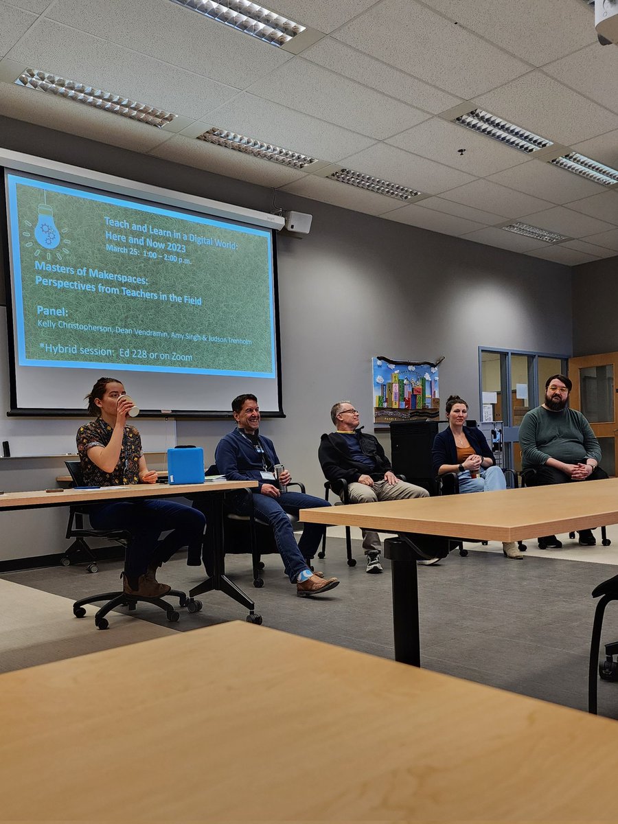 MissLwbt's tweet image. Masters of Makerspaces panel at @uofrteachlearn with:
@vendi55 
@kellywchris 
@asingh2 
@MrTheJud