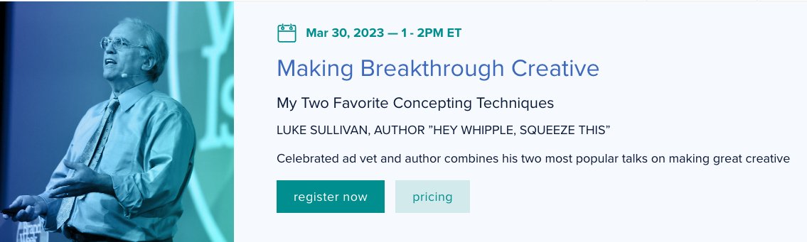 Elroythecat's tweet image. Ad nerds! Next Thursday is webinar day. 1 PM ET is Luke Sullivan, "Making Breakthrough Creative" bit.ly/42fDaZx followed at 5 PM CT with Thomas Kemeny "Junior" via AAF/Nebraska's FREE ADReads virtual book club bit.ly/3K6kMf7 #advertising #copywriting