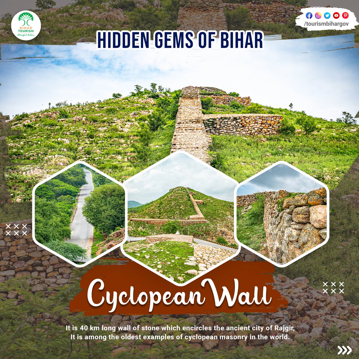 TourismBiharGov's tweet photo. The Cyclopean Wall in #Rajgir is a #hiddengem of ancient #architecture. Built using enormous, carefully fitted stones, it remains a testament to the incredible architectural accomplishments of the past.

#CyclopeanWall #HiddenGemsofBihar @AbhaySinghIAS @yadavtejashwi @IPRD_Bihar https://t.co/9JzN62N1WN
