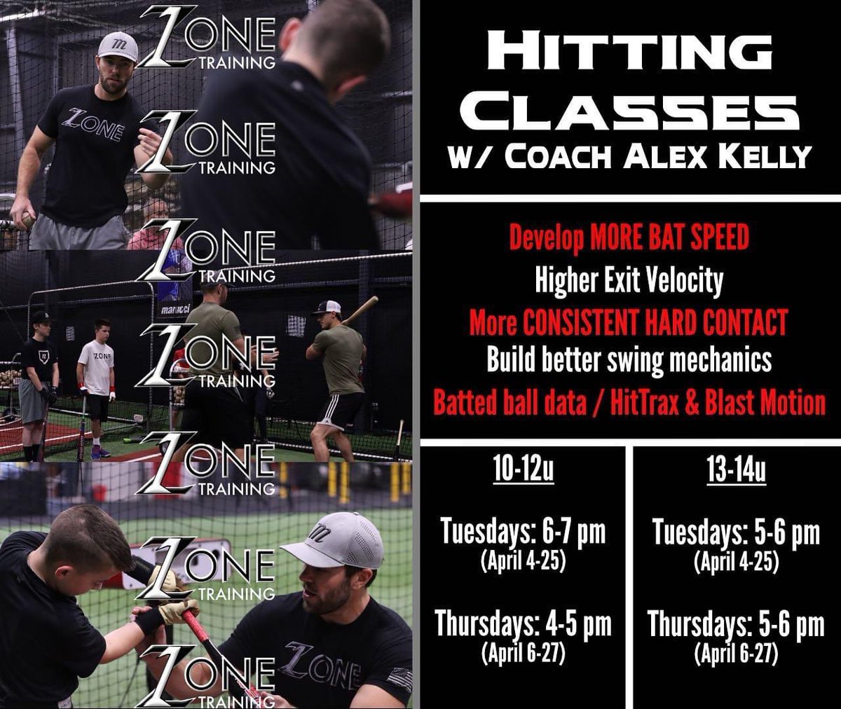 Each training session will include lots of drills and variations to create a stimulus for each hitter to grow!  A competitive environment that will challenge each hitter to work hard and get better! <a href="/zone1training/">Zone 1 Training</a> <a href="/MarucciMidwest/">Marucci Midwest</a> <a href="/Clubhouse_mw/">Marucci Clubhouse Midwest</a>