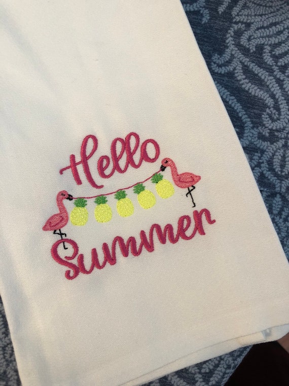 Custom Embroidery Kitchen Tea Towel Hello Summer etsy.me/3pgi7Td #kitchenteatowel #monogramgifts #embroideredtowel @etsymktgtool