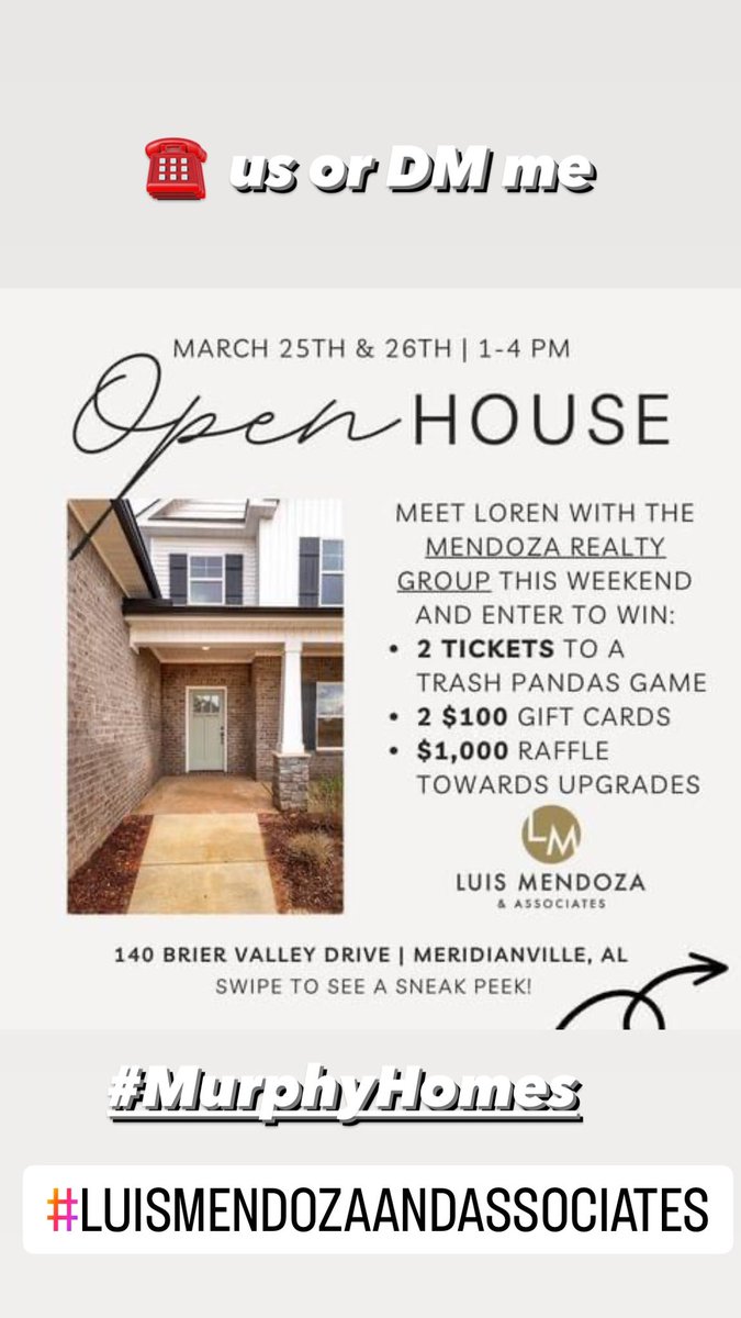 SD4RealEstate's tweet photo. #LuisMendozaandAssociates and #MurphyHomes working together and excited to do #openhouses together in #Meridianville
Come see Megan Coleman - Alabama Realtor and our new agent Loren Lignelli at our open house Saturday and Sunday March 25th and March 26th 1-4
@misshd03 https://t.co/rd843Q2n7O
