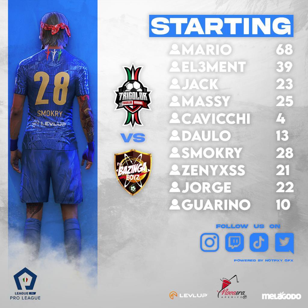 TricolorArrows1's tweet photo. Formazione ufficiale dei #TricolorArrows Contro i Bazinga Boyz, nella prima di campionato di #SerieB 
🗓️ 27/03
⌚️21:30
🟣 Twitch/TricolorArrowsOfficial.tv
🏆@LIPC_network 
#ForzaTricolor #competitive #ProClubs #ProLeague https://t.co/AOv66mh2AO