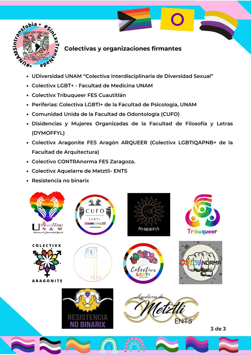 cufo_lgbt's tweet photo. Posicionamiento por parte de colectivas, organizaciones y personas de la diversidad sexual y disidencias ante los discursos transodiantes en el Simposio Internacional de Bioética en la UNAM.
Link para leer el documento oficial: https://t.co/baJ85oilxG…
#UNAM #UNAMSinTransfobia https://t.co/RI2Lce6i1C