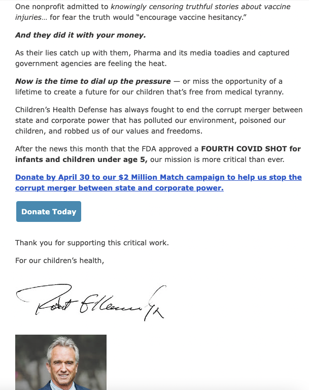 saletan's tweet photo. I hereby pledge negative $2 million to this anti-vaccination campaign, and I challenge @ChildrensHD and its donors to match my contribution.
Thank you @RobertKennedyJr for all you do to spread misinformation and needless suffering. #GoDefundMe https://t.co/sf3o6LFeoh