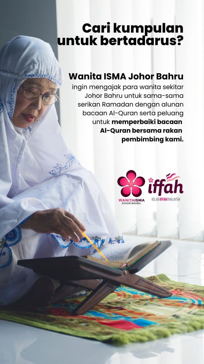 ISMAJohor's tweet photo. 🌸 REHAL RAMADAN WANITA 🌸
TILAWAH &amp; TADARUS AL-QURAN 
Tempat:  Surau Blok 8, PPR Taman Desa Mutiara, JB
Hari &amp; masa: Setiap hari Sabtu, jam 8.30 - 9.30 pagi

Jom daftar segera!👇🏻👇🏻👇🏻
DR. IZZAH
https://t.co/261ypgbhpX

#IndahnyaRamadan
#RehalRamadanWanitaISMA
#WanitaISMAJB https://t.co/yyE3RF1WMJ
