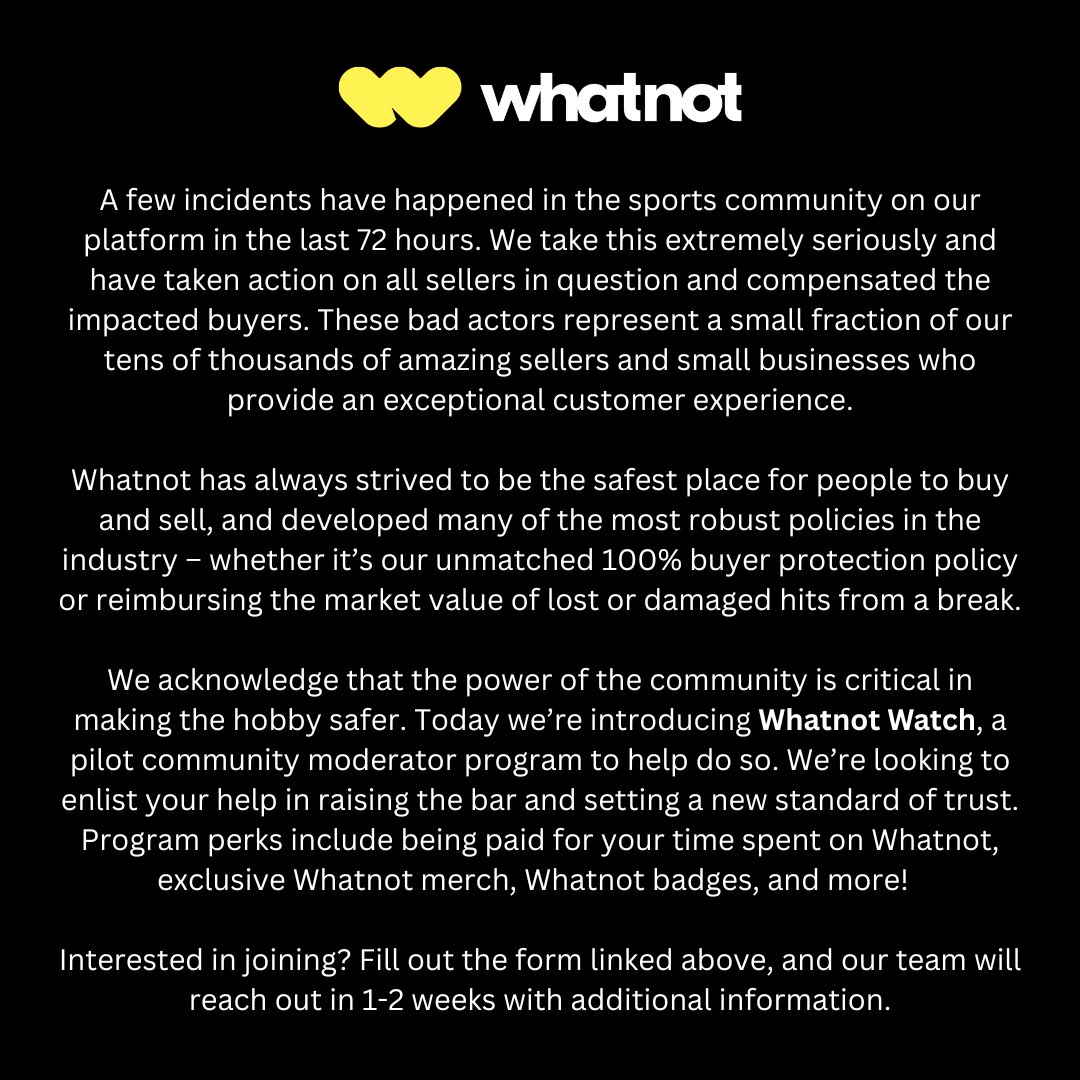 Whatnot's tweet photo. We’re enlisting your help in keeping Whatnot safe. 

Apply for the Whatnot Watch moderator program here: https://t.co/Gf8r8zamAB https://t.co/TbyJGDVkNU