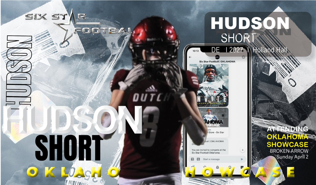 OKLAHOMA SHOWCASE | Hudson Short 5’9, 146 | DE | 2027 | Holland Hall | @HudsonShort8 ▪️Excited to announce 2027 Hudson Shortwill be attending the Oklahoma Showcase! REGISTRATION IS STILL OPEN‼️ 📆 April 2 📍Broken Arrow 🎫 INFO/REGISTER: sixstarfootball.com/six-star-footb…