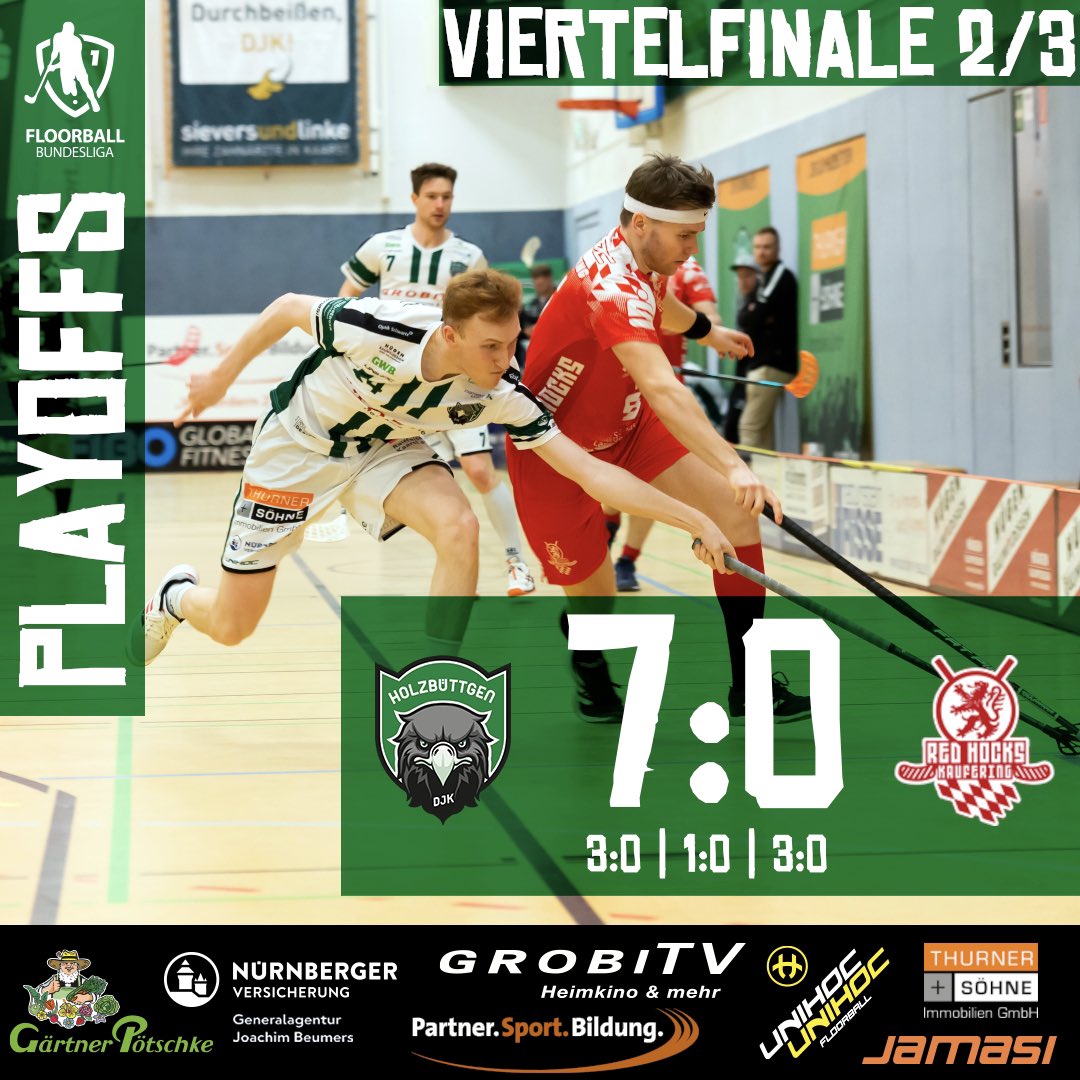 Pflicht erfüllt, Entscheidungsspiel erreicht: die DJK siegt klar und deutlich mit 7:0 gegen Kaufering. 313 Zuschauer verfolgten das Heimspiel in der Stadtparkhalle und können morgen an gleicher Stelle ab 16 Uhr das letzte Spiel der Serie um den Einzug ins Halbfinale erleben.