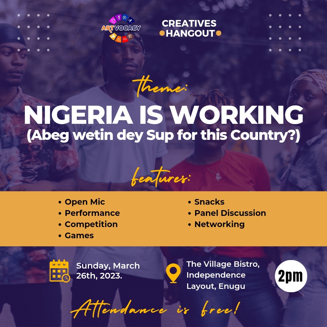 Artvocacy_'s tweet photo. It's tomorrow, creatives. Let's make this happen!
Venue is at The Village Bistro, Independence Layout, Enugu.
#Artvocacy #Creativehangout #StreetProject https://t.co/vI5cwP36Os