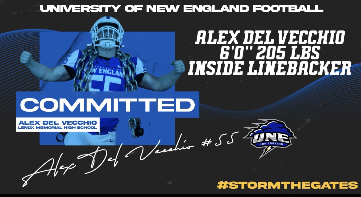 So happy to announce my commitment to <a href="/UNEfootball/">University of New England Football</a>! thank you to all of my coaches, everybody at <a href="/excelnewengland/">Excel New England Football</a>, and my friends and family for helping me get to this point!
