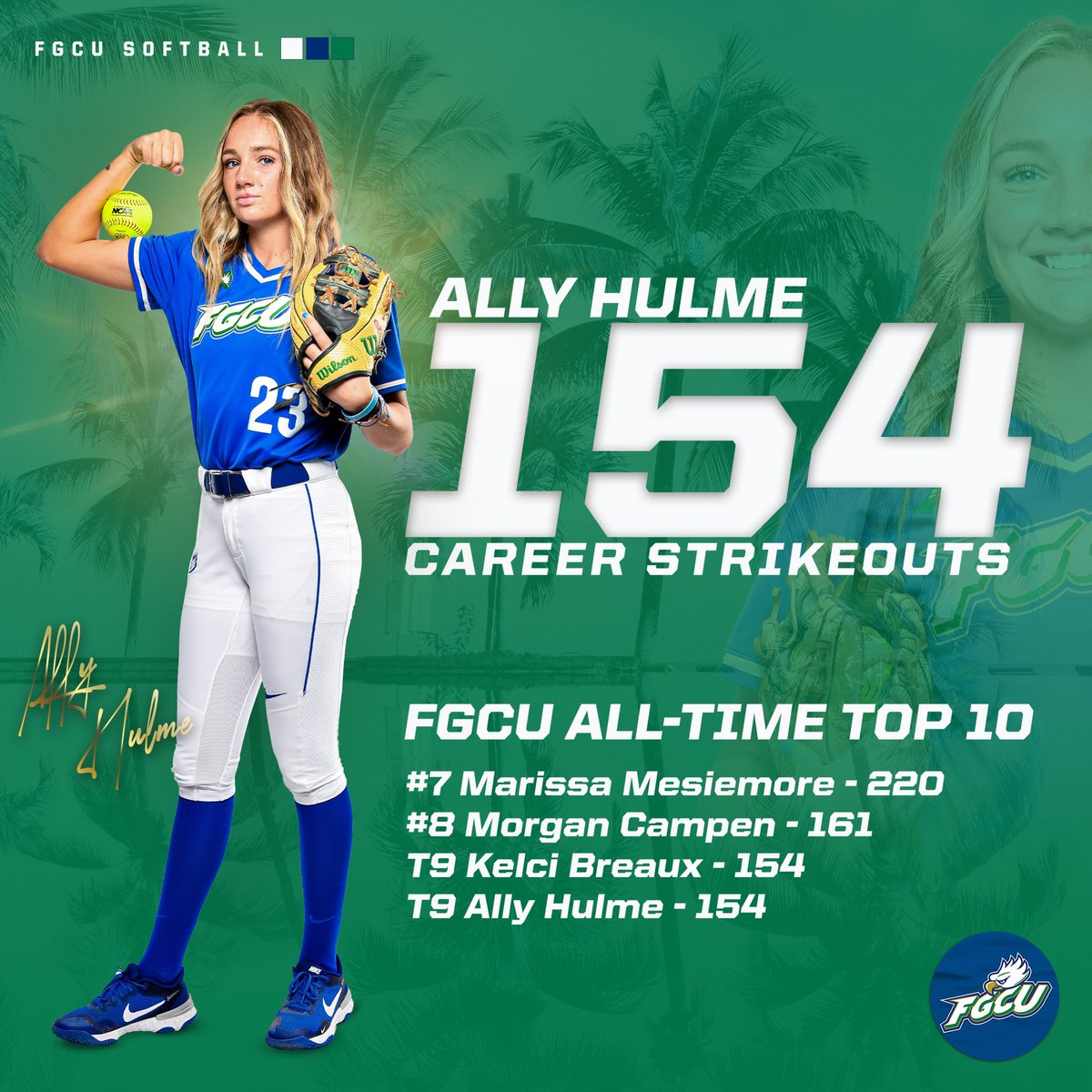 FGCU_Softball's tweet photo. 𝗙𝗚𝗖𝗨 𝗔𝗹𝗹-𝗧𝗶𝗺𝗲 𝗧𝗼𝗽 𝟭𝟬 𝗜𝗻 𝗖𝗮𝗿𝗲𝗲𝗿 𝗦𝘁𝗿𝗶𝗸𝗲𝗼𝘂𝘁𝘀

And with that last strikeout, Hulme surpassed Sarah Lawton to move into FGCU’s Top 10 chart for career strikeouts 👏

#WingsUp 🤙🦅🥎 https://t.co/FMf2HOa9qR