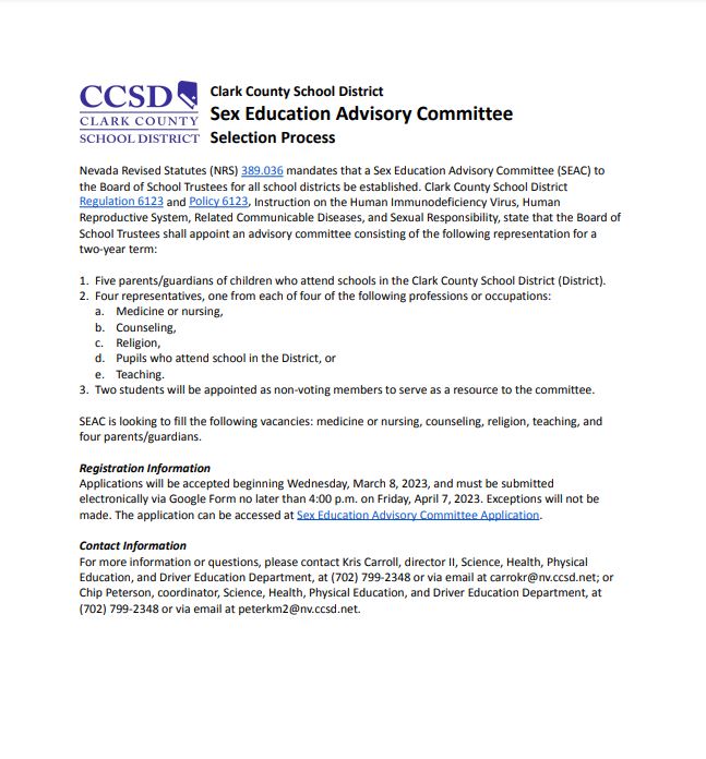 CCSD (@clarkcountysch) on Twitter photo The Sex Education Advisory Committee (SEAC) is accepting applications of interest from individuals wishing to join. The SEAC has vacancies for medicine or nursing, counseling, religion, teaching, and four parents/guardians. <a href="/CCSD_Trustees/">CCSD Trustees</a> For information: ccsd.net/trustees/pdf/S… The Sex Education Advisory Committee (SEAC) is accepting applications of interest from individuals wishing to join. The SEAC has vacancies for medicine or nursing, counseling, religion, teaching, and four parents/guardians. <a href="/CCSD_Trustees/">CCSD Trustees</a> For information: ccsd.net/trustees/pdf/S…