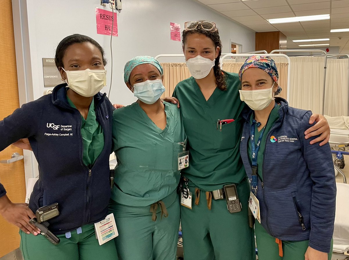 I spent most of my surgical training as the only black woman. Now, years later, THIS! @ZSFGCare Friday night trauma team - attending, fellow @CRCollinsMD resident @mignoteyilmaMD & intern @campbellmed22 Proud & honored to work alongside these women. Representation matters. #URM