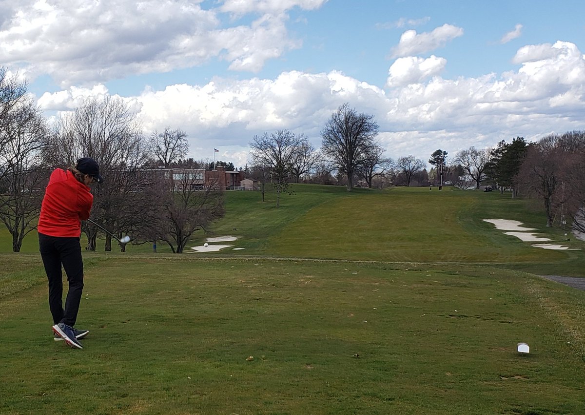 Annie Grace Smith tees off as the ladies kick off the spring season with a tri-match against Waynesburg and Franciscan at a breezy Steubenville Country Club. #GoWolverines