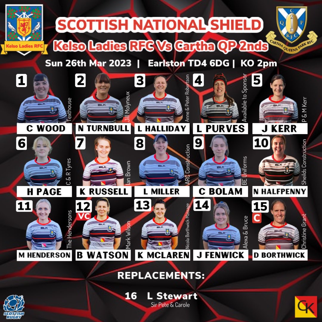 For the final time this season, here is your Kelso Ladies Team to face Cartha Queens Park 2nds tomorrow down at Earlston. 

2pm Kick Off and Free Entry so if you are in the area please feel free to come along and show the ladies your support. 

#BlackNWhiteJersey
#rugbyforall