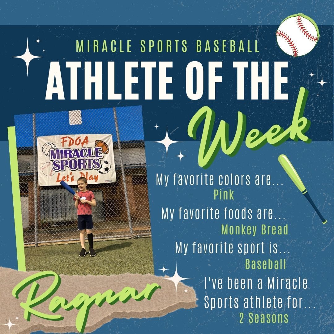 Congratulations to our Miracle Sports Athlete of the Week, 𝗥𝗮𝗴𝗻𝗮𝗿! 🏅⚾  Ragnar has been a Miracle Sports Athlete for 2 Seasons! Be on the lookout for future Miracle Sports Athlete of the Week - it could be your child, relative or friend being spotlighted! #sportsability