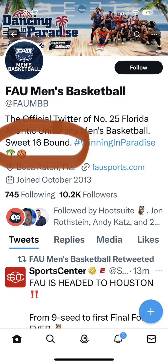 Hey <a href="/FAUMBB/">Florida Atlantic Men's Basketball</a> - congrats on an awesome win. Keep it going. You might want to update your bio…👊👊
