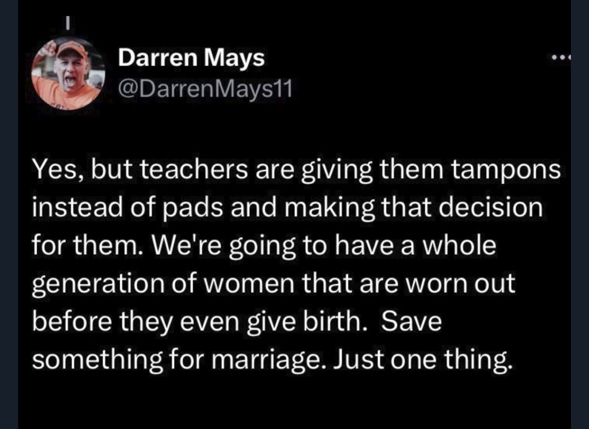 AshleyInMKE's tweet photo. Hi friends, and hello @DarrenMays11 

I understand you’re afraid of tampons. I’m sorry this is happening to you. 

They are 2 inches in length and if you are worried they are “ruining women before marriage,” I’m sorry you have a micro penis. https://t.co/KF65ZVtdxP