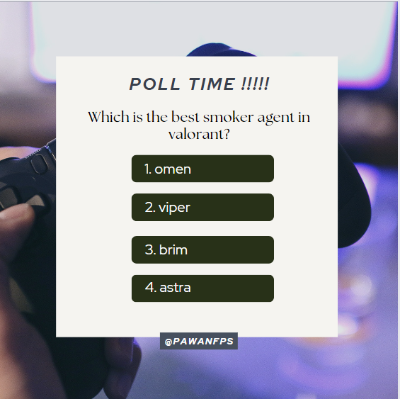 PawanFps's tweet photo. Can't decide which smoker agent to use in your next Valorant match? Let's see what the community thinks! Cast your vote and then share your favorite tips and tricks for maximizing their smokes in the replies. #ValorantStrategy #AgentPoll https://t.co/tVhgoV5zrC