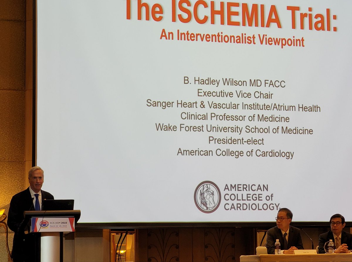 ToonWeiLim's tweet photo. Dr Hadley Wilson @ACCinTouch President discussing about the impact of ISCHEMIA trial on current clinical practice at @SingCardiacSoc #scsasm https://t.co/6F7Y6z68Ze