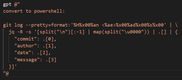 dfinke's tweet image. Supercharged! Using the #PowerShellAI module, converted this using a zero-shot prompt. The PowerShell code worked first try! Based on @simonw example `&quot;git log&quot; output as JSON using jq`.

#PowerShell #ChatGPT