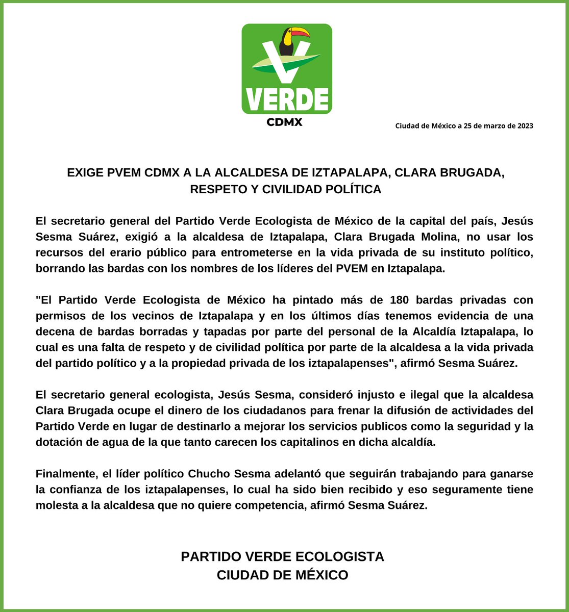 ChuchoSesmaPVEM's tweet photo. Exigimos a la alcaldesa de Iztapalapa, @ClaraBrugadaM, no usar los recursos del erario público para entrometerse en la vida privada del @VerdeCDMX, borrando las bardas de nuestros líderes en dicha alcaldía.

Mantenemos nuestro compromiso con todos los iztapalapenses. https://t.co/G9AuO0VBQn