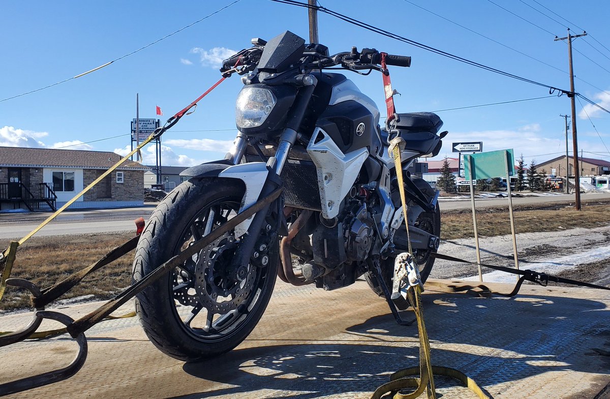 FortStJohnRCMP's tweet photo. #FortStJohn This driver took their bike for an inaugural spin on Hwy 97 but had #NoInsurance and #NoMotorcycleLicense The driver was issued violation tickets and the bike was impounded for a #7DayImpound https://t.co/VAofd6xqtj