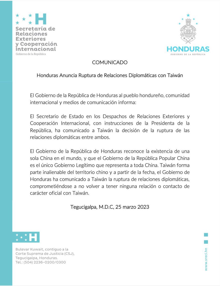 🇨🇳🤝🇭🇳 
Decisión histórica, correcta, en plena correspondencia con los intereses nacionales a largo plazo y con los principios y normas fundamentales del derecho internacional. 
Otra demostración contundente del consenso internacional en torno al principio de una sola China.