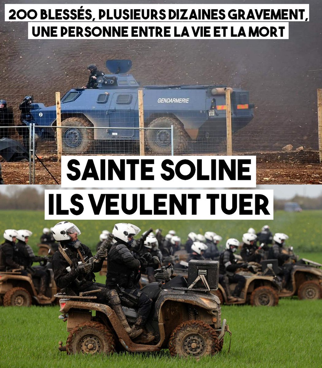 ContreAttaque_'s tweet photo. SAINTE-SOLINE : ILS VEULENT TUER

Le gouvernement Macron est prêt à tuer pour un trou en terre battue recouvert de plastique, creusé au milieu d'un champ. Il l'a prouvé une fois de plus ce vendredi 25 mars à #SainteSoline.
#NoBassaran ! https://t.co/wbq7hjU6fm