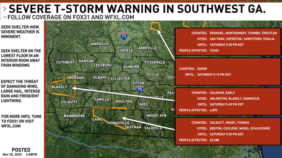 A new SEVERE THUNDERSTORM WARNING has been issued for southwest Georgia. Follow FOX31 News on-air and online for updates. #gawx #swga #gawxcond