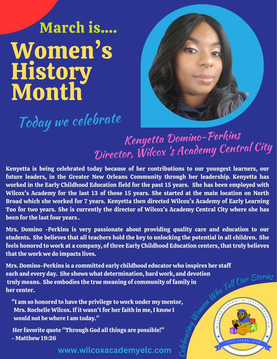 We celebrate Mrs. Kenyetta Domino-Perkins for her example of leadership and her contributions to our youngest learners.  Thank you Mrs. Domino-Perkins for your 15 years of making a difference in the field of Early Childhood Education and to keep pouring into those around you.