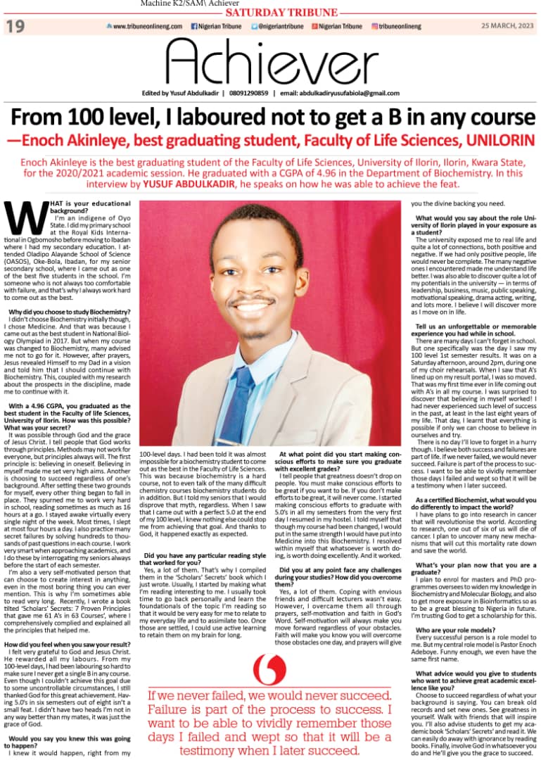 EnochOAkinleye's tweet photo. Read the interview TRIBUNE had with me on how I achieved 4.96/5.00 CGPA.

https://t.co/VpJTZAdtqy

 Lean and be inspired https://t.co/stV0qebYzb